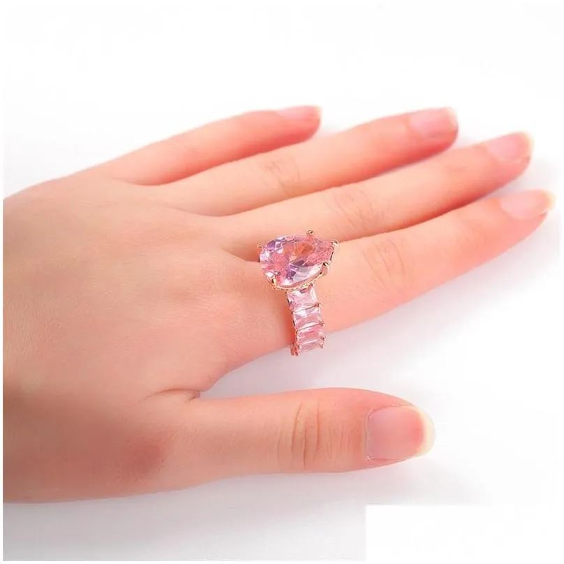 Wedding Rings Top Selling Luxury Jewelry 925 Sterling Sier Rose Gold Wedding Rings Large Pink Sapphire Cz Diamond Pear Cut Gemstones Dh2G0