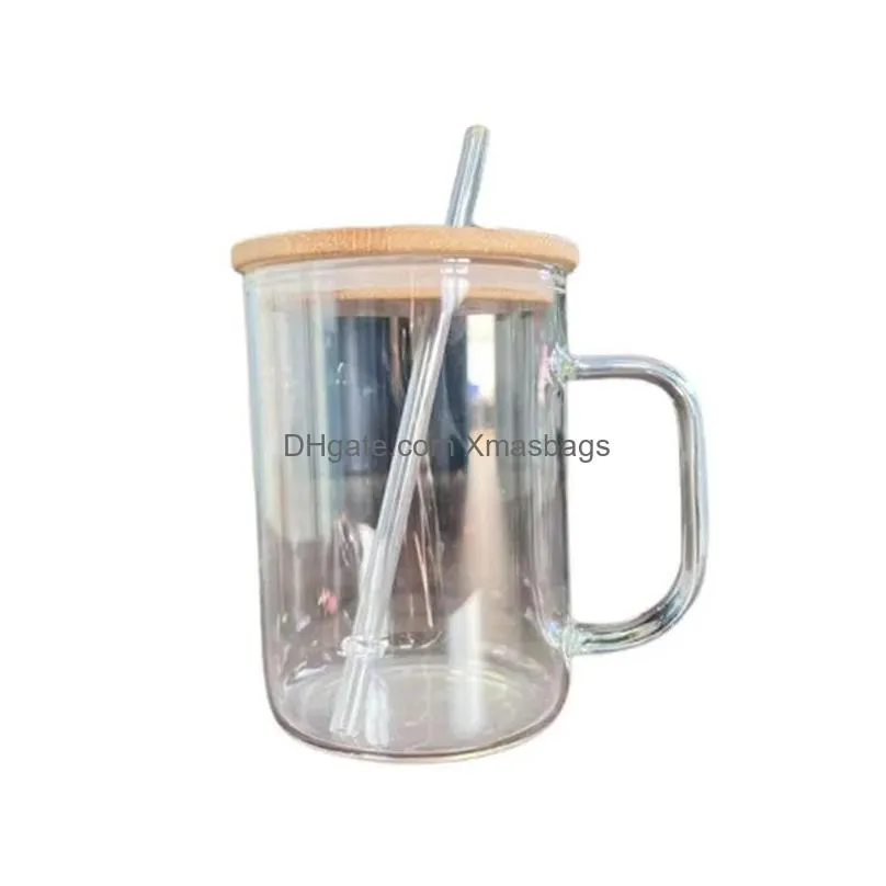 16oz sublimation glass mugs heat transfer blank travel outdoor tumblers with handle bamboo lid and straw