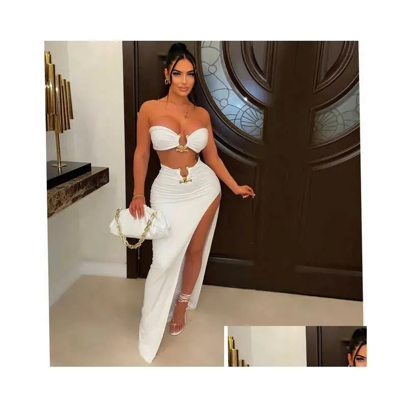 Two Piece Dress Echoine Strapless Crop Top Metal Decorate Split Skirt Irregar Set Y Party Night Club Outfits Drop Delivery Dhsjd