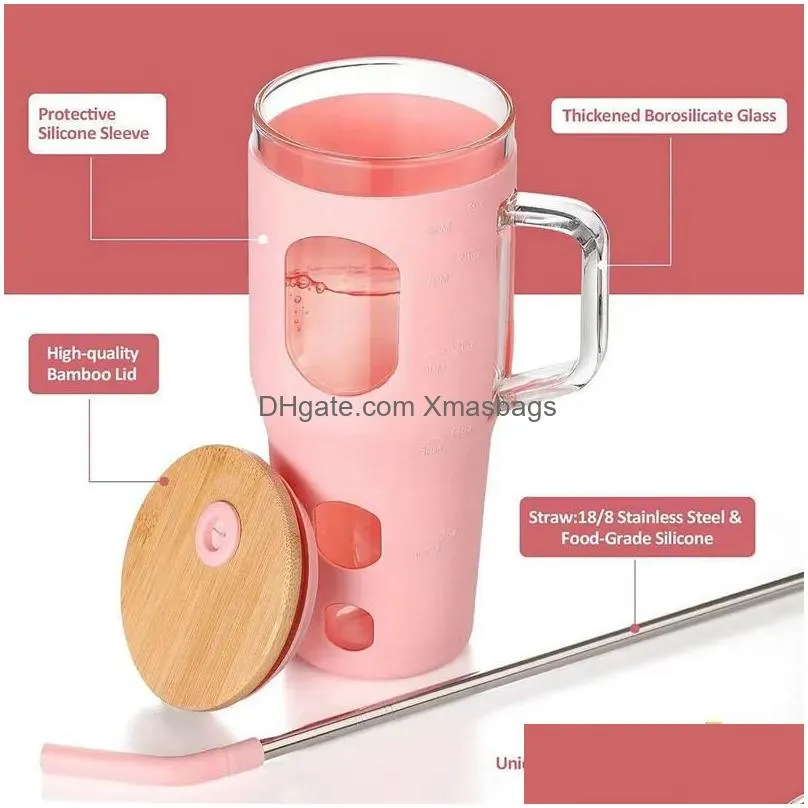  fashionable 32oz glass water bottles with bamboo lid and straw glass travel mugs tumblers with handle and silicone sleeve