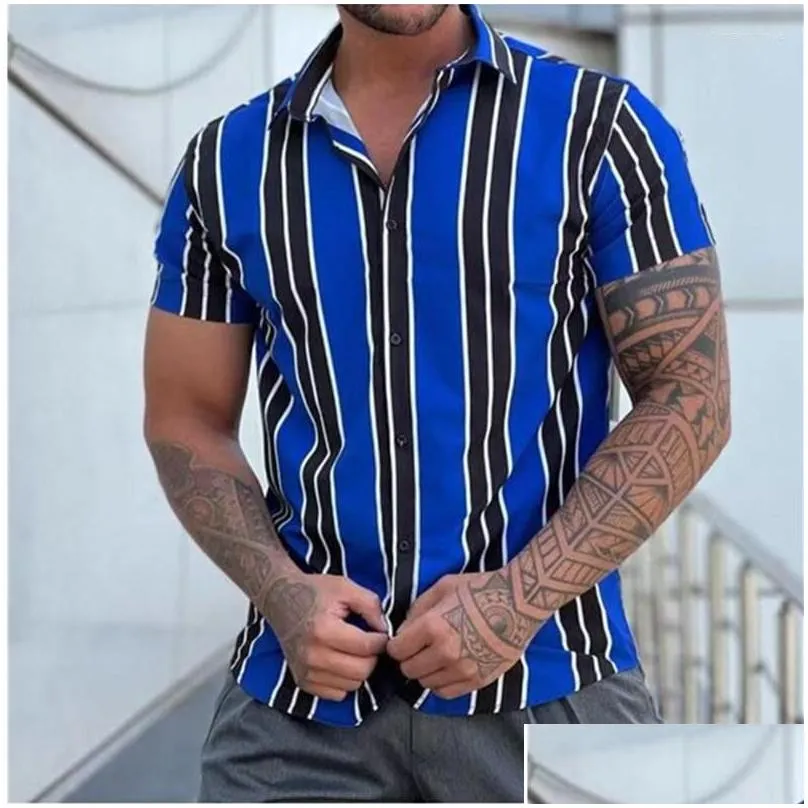 Men`S Casual Shirts Mens Casual Shirts 2023 Men Shirt Fashion Stripes Print Short Sleeve Summer Turn-Down Collar Button Male Clothing Dhgpe