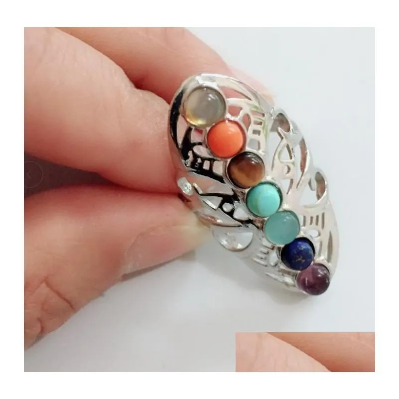 Band Rings Vintage 7 Chakra Stones Yoga Ring Hollow Sier Plated Adjustable Thumb Reiki Jewelry 80 N2 Drop Delivery Jewelry Ring Dhcot