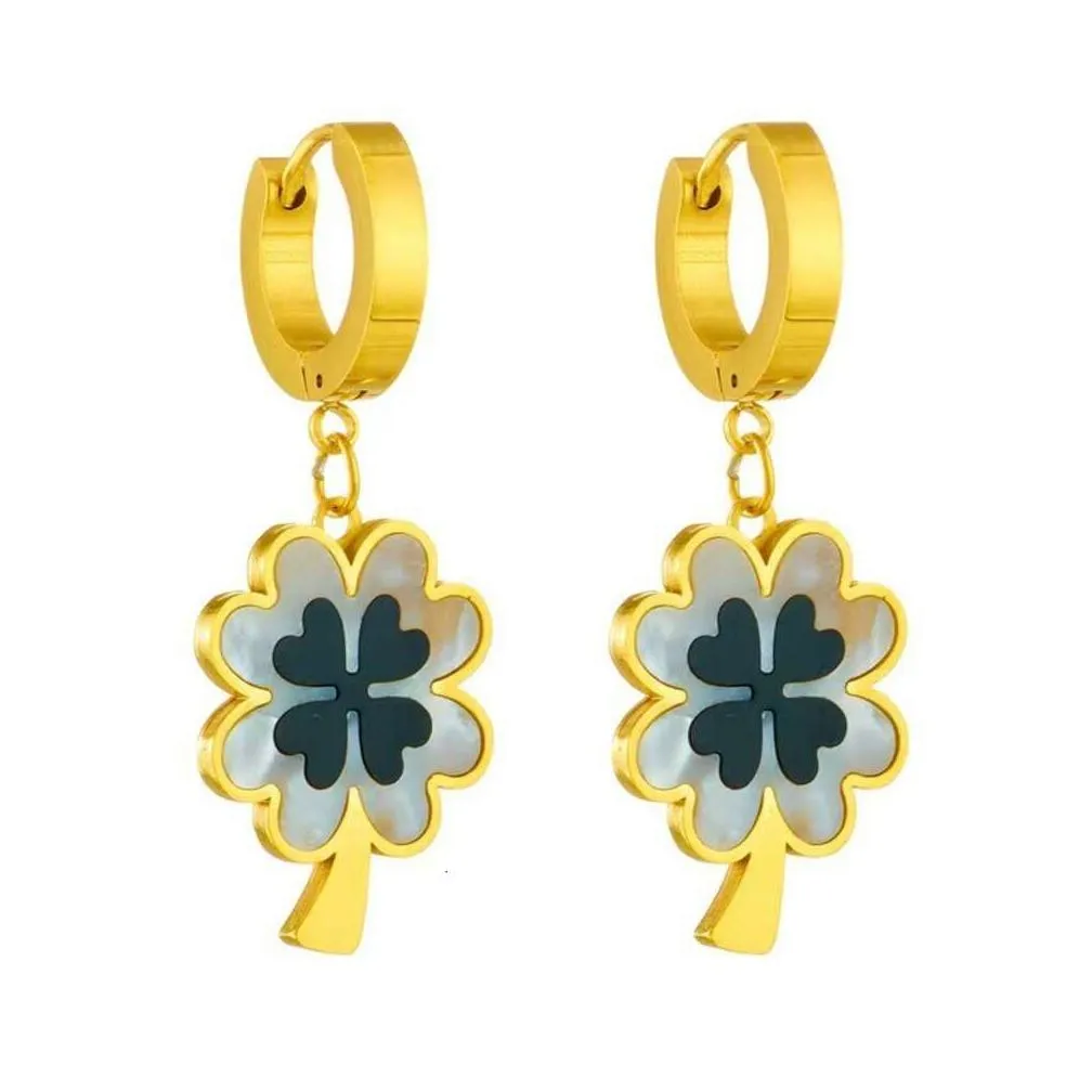 high quality luxury 18k gold stainless steel necklace earring lucky four leaf clover jewelry set women