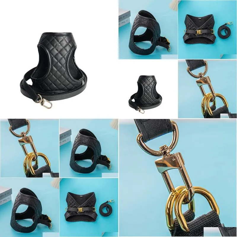 dog collar black leather harnesses chest backpocket cat dog collar traction rope luxury designer dog walking tool