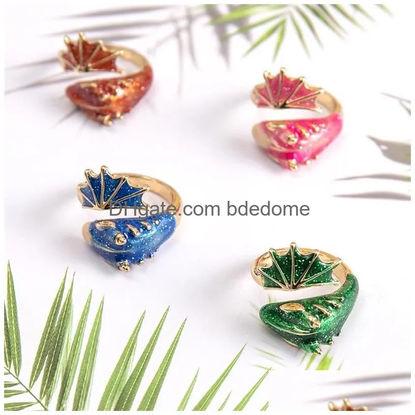 Band Rings Gold Glitter Green Enamel Snake Ring Adjustable Dragon Midi Band Rings Fashion Ins Summer Jewelry 1608 T2 Drop Delivery Je Dhehs