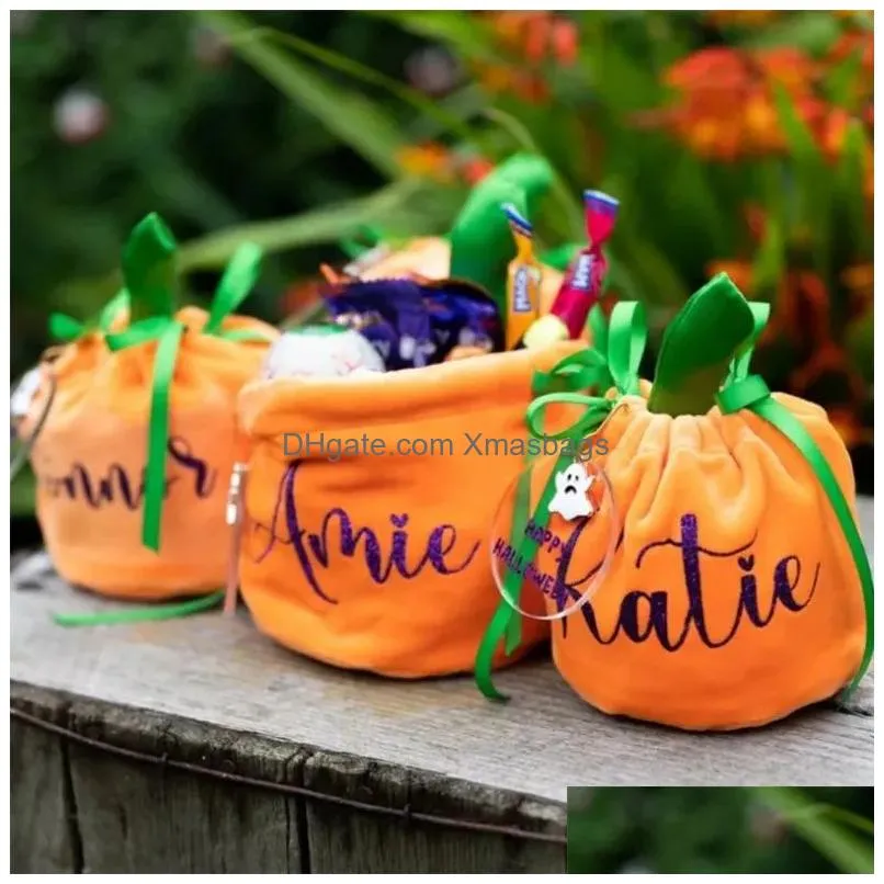 wholesale trick or treat candy pouch bucket orange velvet pumpkin basket halloween bags ready to ship