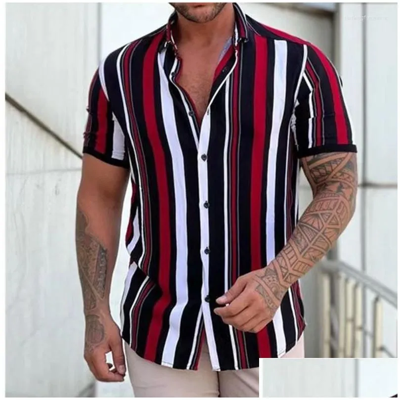 Men`S Casual Shirts Mens Casual Shirts 2023 Men Shirt Fashion Stripes Print Short Sleeve Summer Turn-Down Collar Button Male Clothing Dhgpe