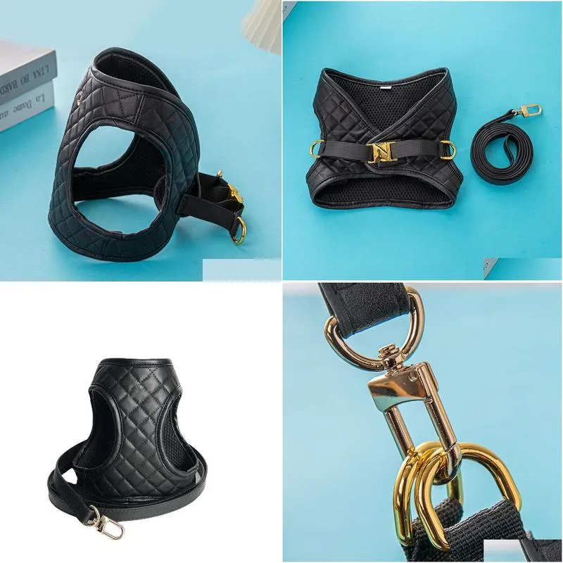 dog collar black leather harnesses chest backpocket cat dog collar traction rope luxury designer dog walking tool