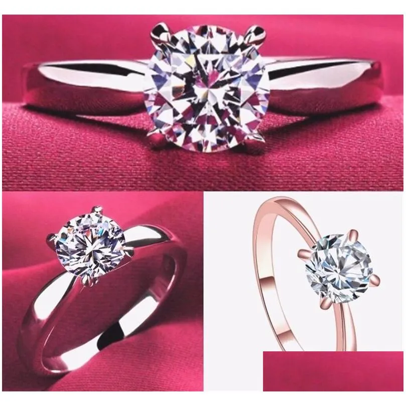 Band Rings Never Fade Top Quality 1.2Ct Rose Gold Plated Large Cz Diamond Band Rings 4 Prong Bridal Wedding Ring For Women100 Q2 Drop Dhig6