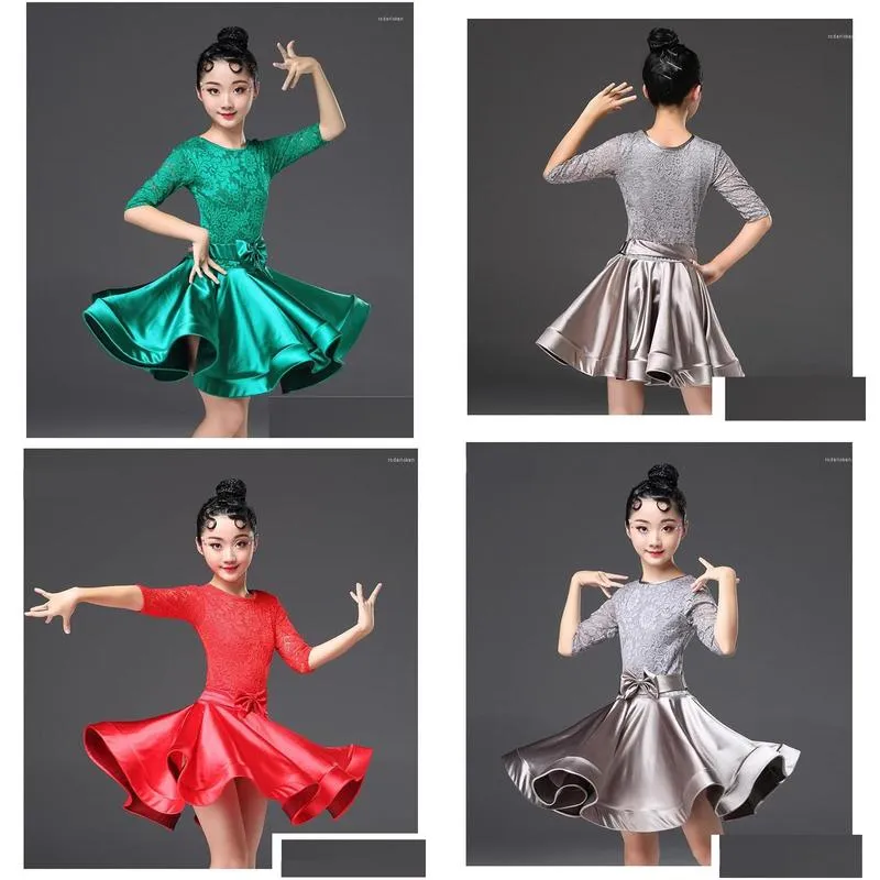 Stage Wear Latin Dance Dress For Girls Long Sleeve Lace Standard Ballroom Dancing Dresses Kids Performance Salsa Clothes Drop Deliver Dhmca