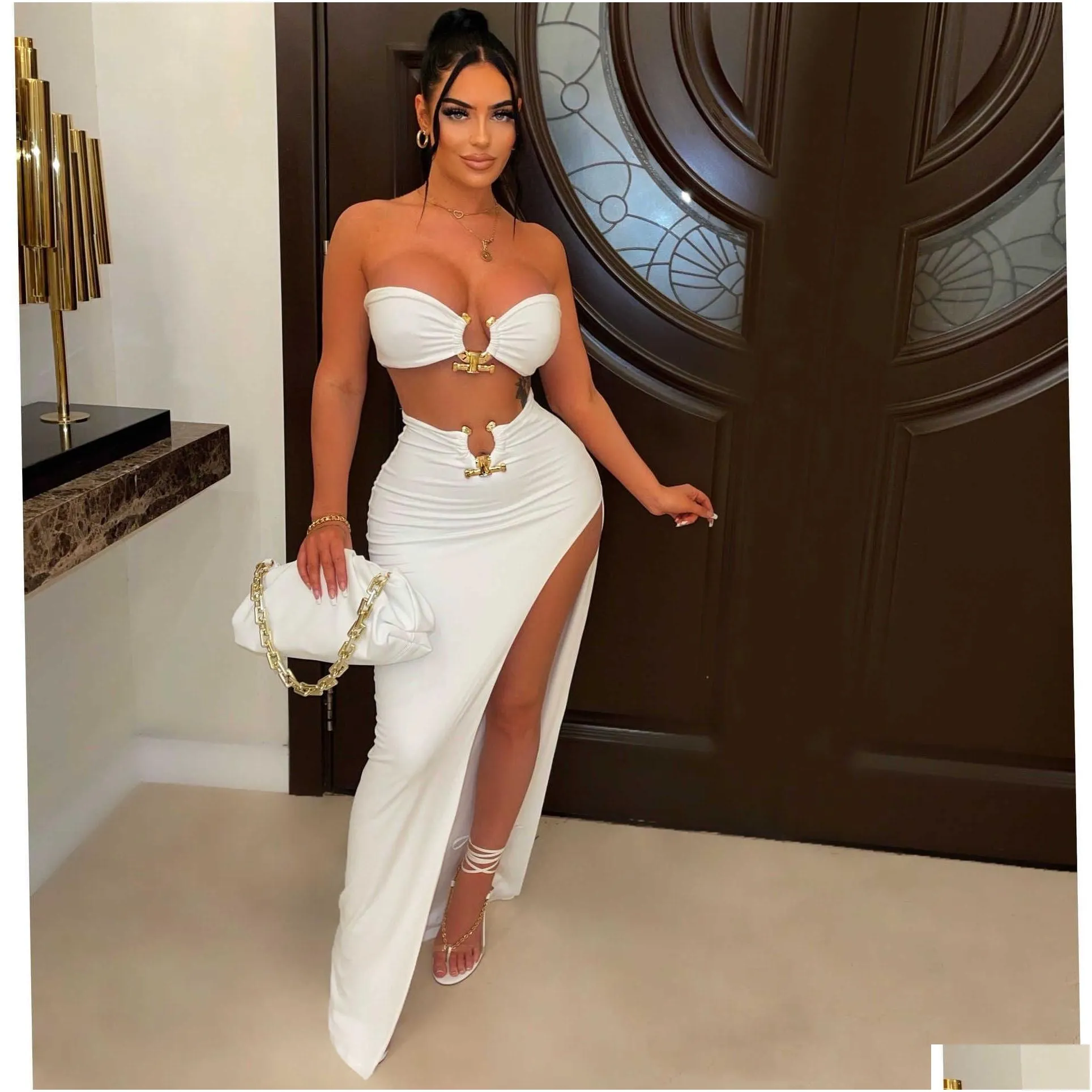 Two Piece Dress Echoine Strapless Crop Top Metal Decorate Split Skirt Irregar Set Y Party Night Club Outfits Drop Delivery Dhsjd