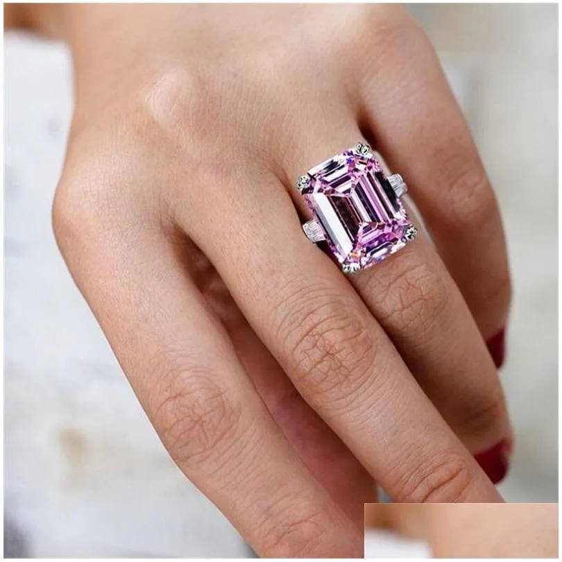 With Side Stones Unique Jewelry Real 925 Sterling Sier Emerald Cut Large Pink Sapphire Cz Diamond Promise Party Princess Women Weddin Dhx4M