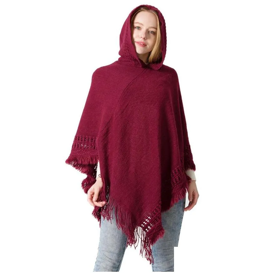 Shawls Knitted Hood Cloak Shawl Sweater Autumn Winter New Pattern Solid Color Womens Fashion Red Plover High Quality 27Jh M2 Drop Deli Dhuje