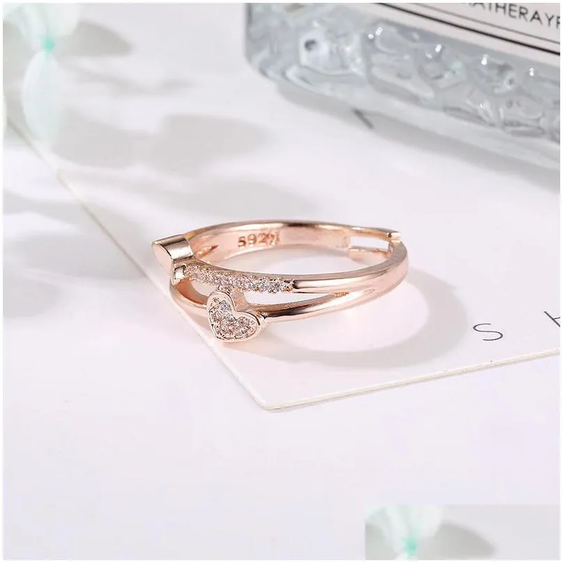Band Rings Heart Rings White/Rose Gold Double Ring Engagement Wedding 1605 T2 Drop Delivery Jewelry Ring Dhpin