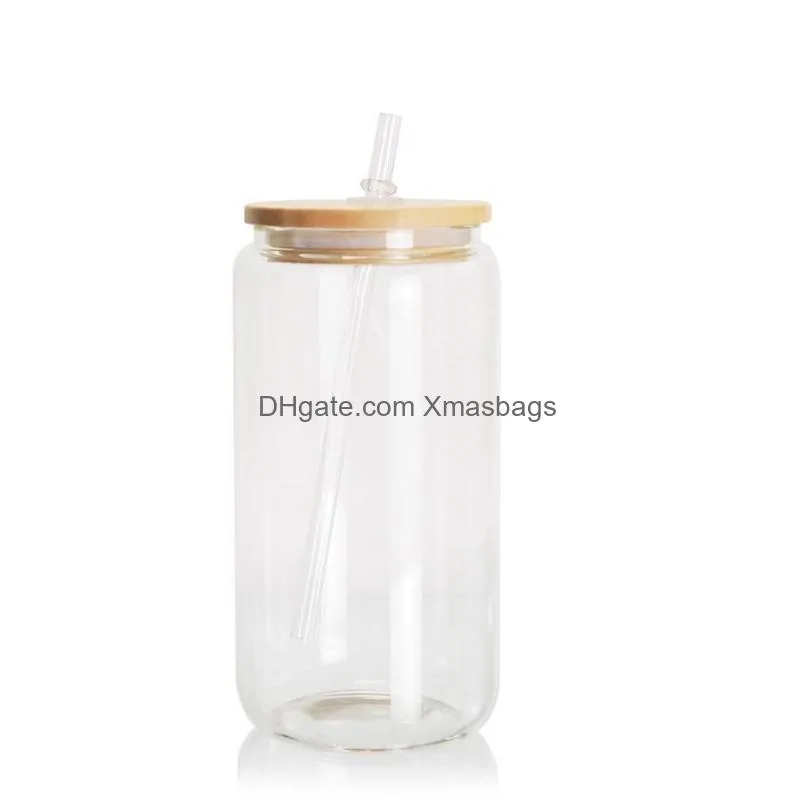 2023 us warehouse 12oz 16oz sublimation glass blanks with bamboo lid frosted sublimation beer can glass borosilicate tumbler mason jar cups mug with plastic