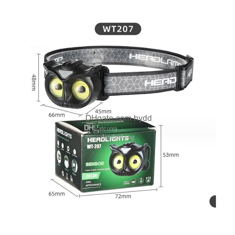 owl cob headlamp type-c rechargeable headlight portable rotating hunting lights usb magnet led head flashlight fishing head lamp