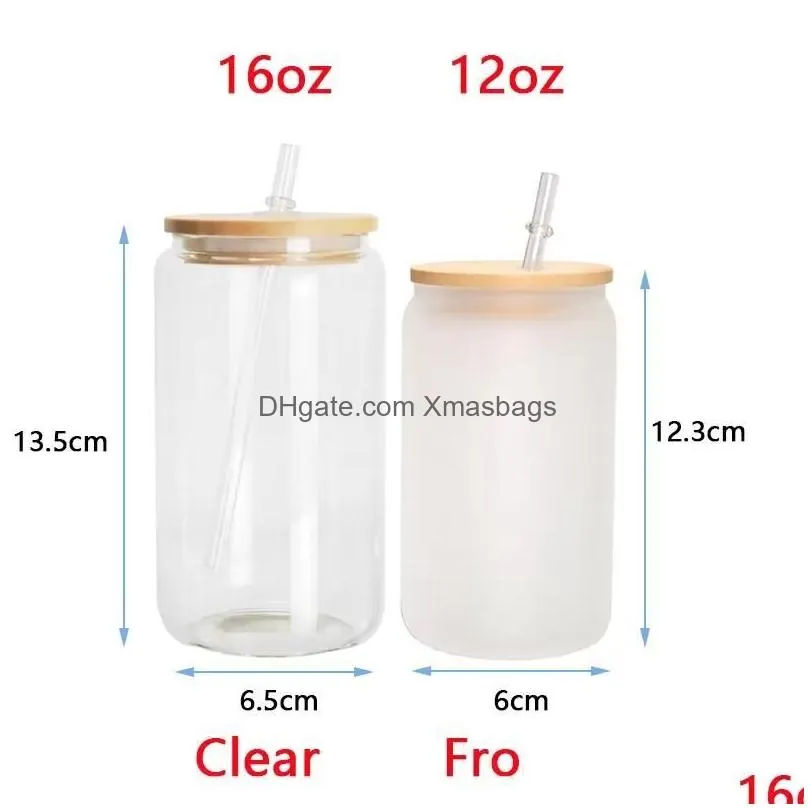 us stock 16oz sublimation glass can glasses beer glass tumbler frosted drinking with bamboo lid and reusable straw 0427