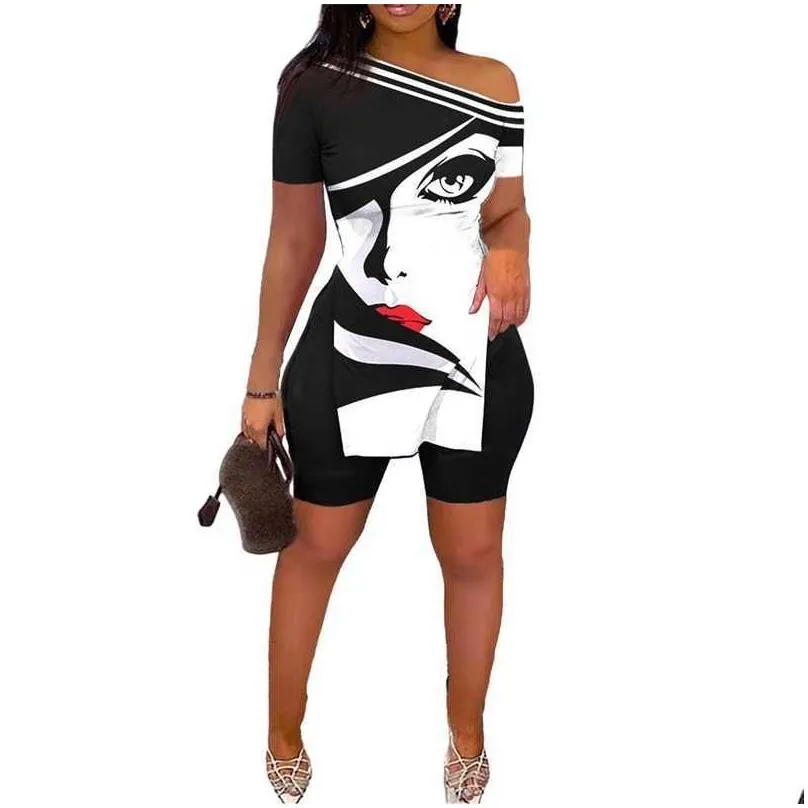 Women`S Tracksuits Summer Womens Designer Tracksuits Y Fashion Pattern Printed Split Short Sleeved Tops And Shorts Two Piece Matching Dhqn7