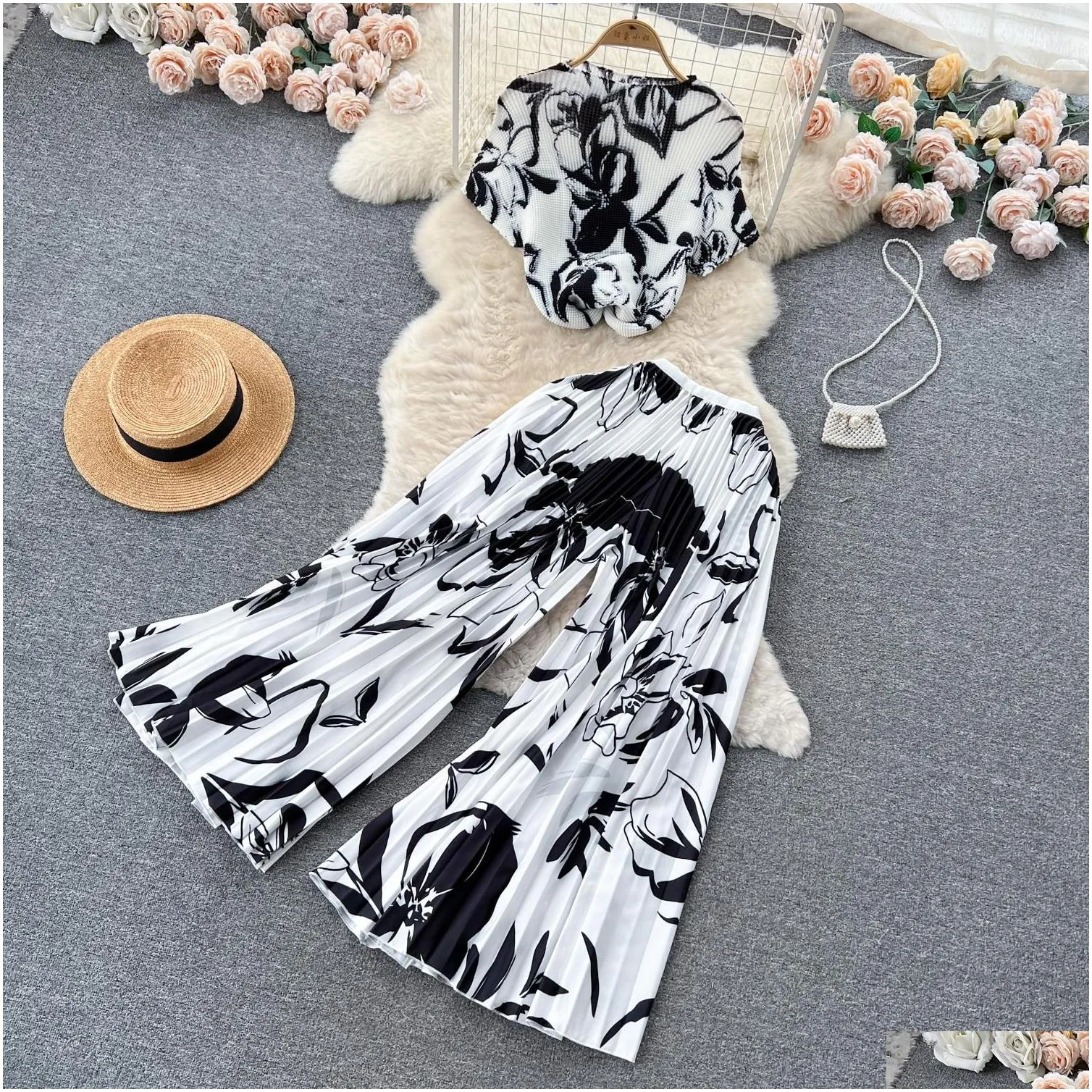 Women`S Two Piece Pants Womens Two Piece Pants Summer Runway Miyake Pleated Set Women High Stretch Flower Plover Topaddelastic Waist Dhc1G