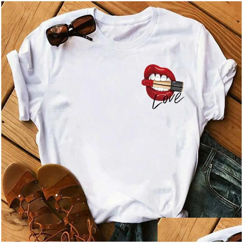 Women`S T-Shirt Plus Size 3Xl 4Xl Women Tops Fashion T-Shirt Short Sleeve Loose Lips Print Clothing 19 Drop Delivery Apparel Women`S C Dhjfb