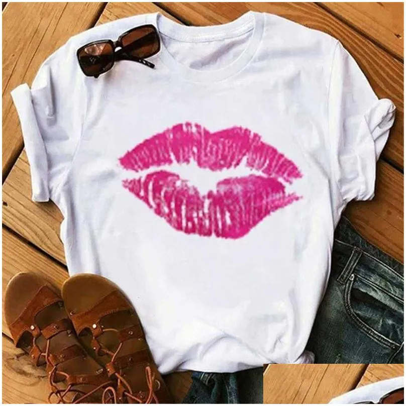 Women`S T-Shirt Plus Size 3Xl 4Xl Women Tops Fashion T-Shirt Short Sleeve Loose Lips Print Clothing 19 Drop Delivery Apparel Women`S C Dhjfb