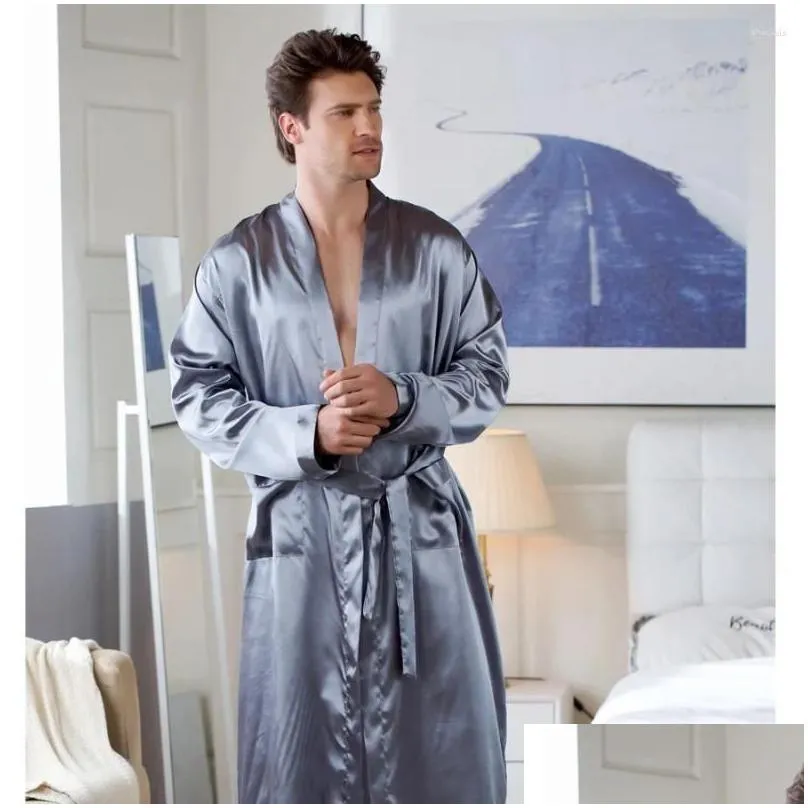 Men`S Sleepwear Mens Sleepwear Plus Size 3Xl Kimono Bathrobe Male Loose Nightgown Silk Satin Cardigan Robe With Pocket Summer Loungew Dhk0B