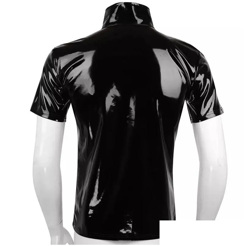 Men`S T-Shirts Mens T-Shirts Y Glossy Pvc Leather Short-Sleeved Shirt Erotic Sha Latex Casual Coat Male Shiny Metallic Patent Tops Dro Dhj62
