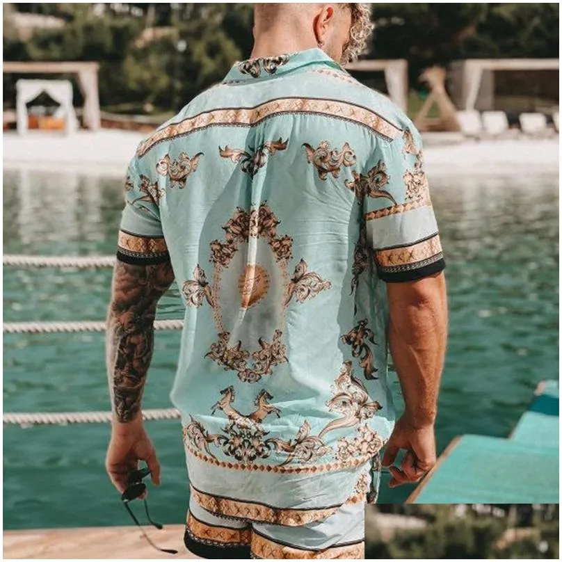 Men`S Tracksuits Summer Casual Loose Printing Tracksuits Two-Piece Shirts Beach Suit Breathable Comfortable Blouse And Shorts Set Dro Dhcln