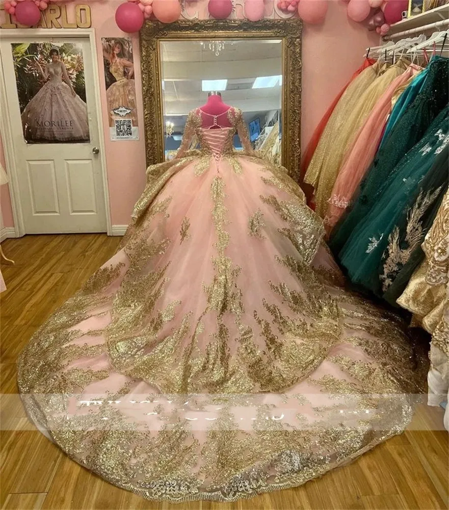 Pink Sheer O Neck Ball Gown Quinceanera Dress For Girl Beaded Birthday Party Gowns With Full Sleeve Sequined Vestido De 15 Anos