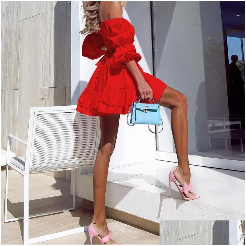 Basic & Casual Dresses Tube Top Backless Puff Sleeves Nightclub Mini Dress Solid Color Cascading Ruffles A-Line Skirt Ladies Elegant Dhncb