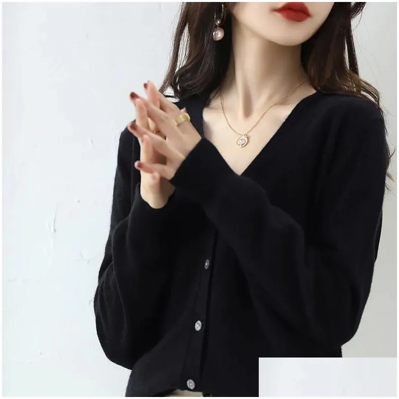 Women`S Sweaters Cashmere Women Cardigan V-Neck Sweater Spring Autumn Winter Female Long Sleeve Wool Knitted Solid Soft Drop Delivery Dhpld