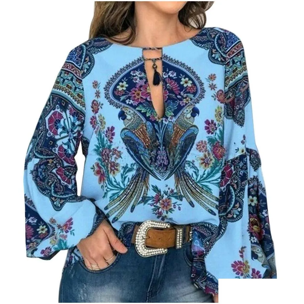 Women`S Blouses & Shirts Blouse For Women Work Casual Floral V-Neck Long Lantern Sleeve Oversize T Shirt Tops S To 3Xl Blouses Plus S Dhvef