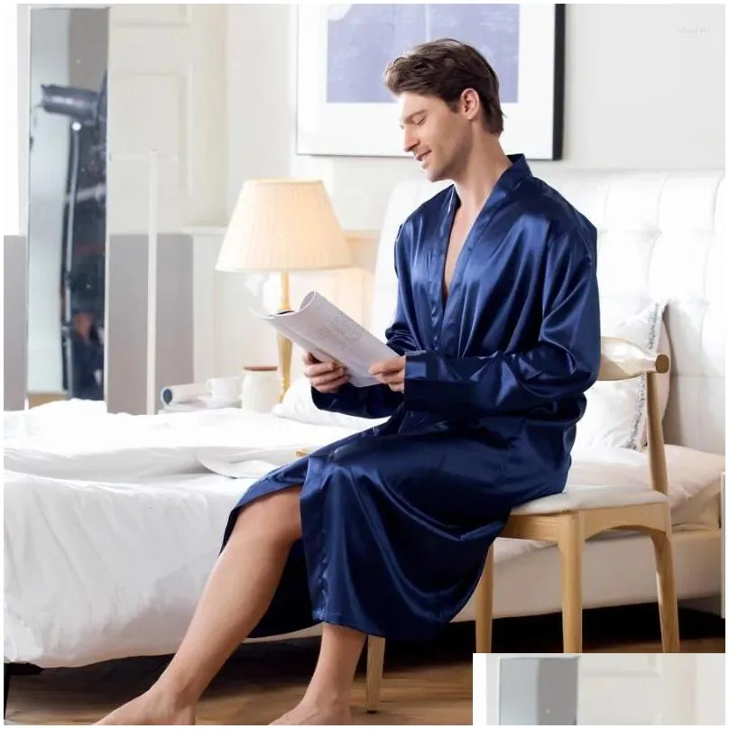 Men`S Sleepwear Mens Sleepwear Plus Size 3Xl Kimono Bathrobe Male Loose Nightgown Silk Satin Cardigan Robe With Pocket Summer Loungew Dhk0B