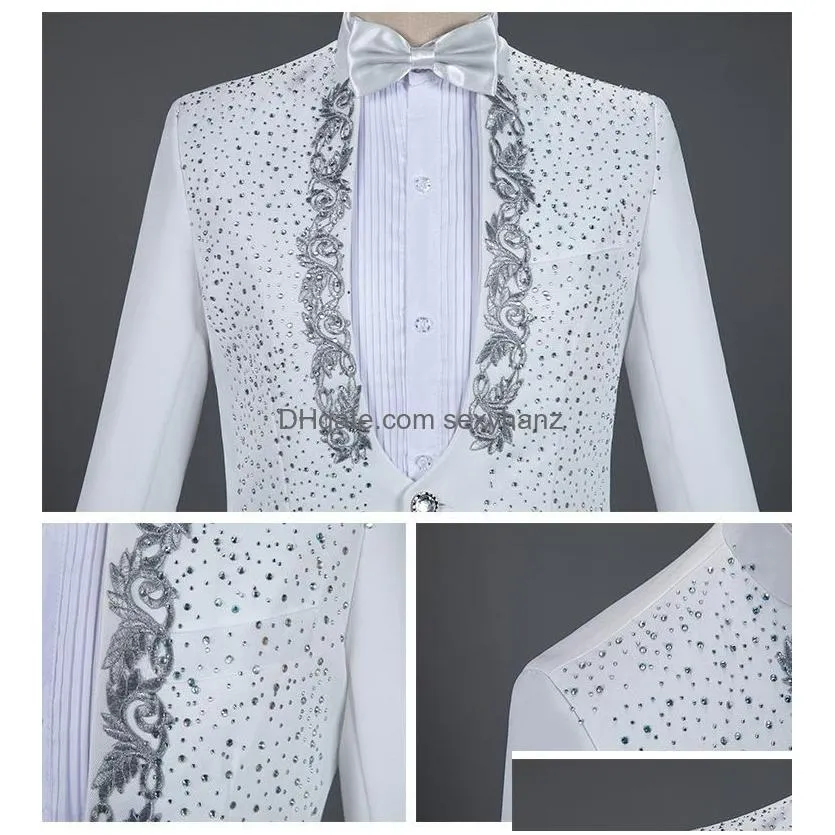 white embroidered suit men diamond wedding groom tuxedo suits men stage singer costume homme party prom mens suits with pants