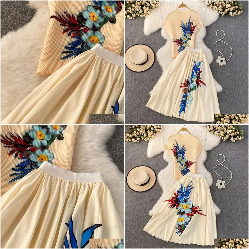 Two Piece Dress Pleated Suit For Women 2023 Summer Fashion Floral Printing Short Sleeve High Neck Top Waist Skirt Two-Piece Set Drop Dhjw1