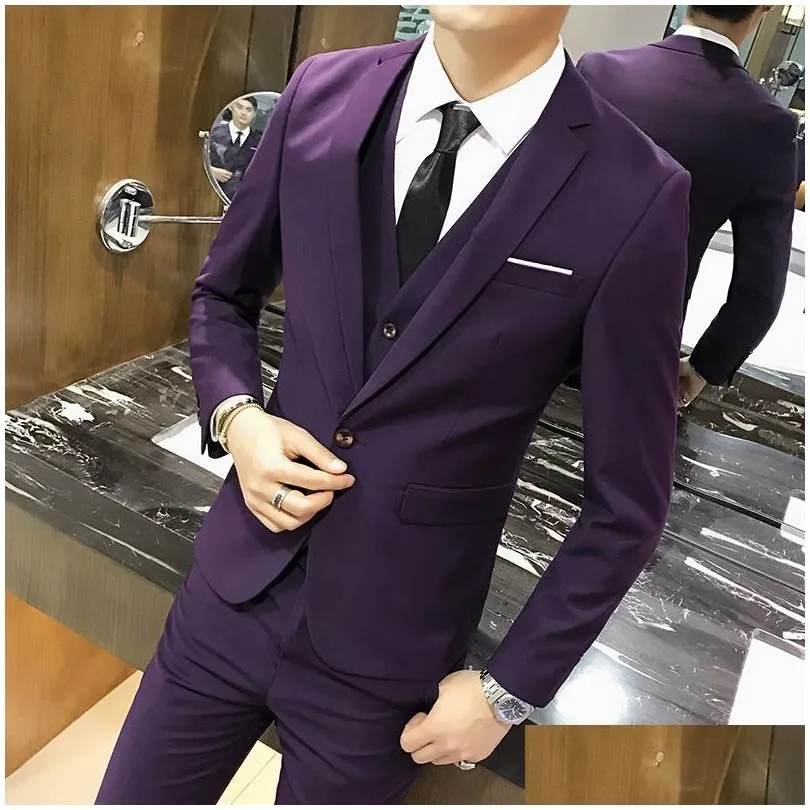 Men`S Suits & Blazers Jacket Pant Vest Men 3 Pieces Slim Fit Casual Tuxedo Suit / Male Suits Set Wedding Groom Dress Business Blazers Dhh47
