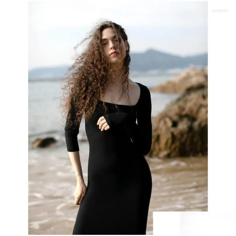 Basic & Casual Dresses Casual Dresses Women Long Sleeves Dress Y Square Neck Soft Lounge Ribbed Bodycon Drop Delivery Apparel Women`S Dhmlr