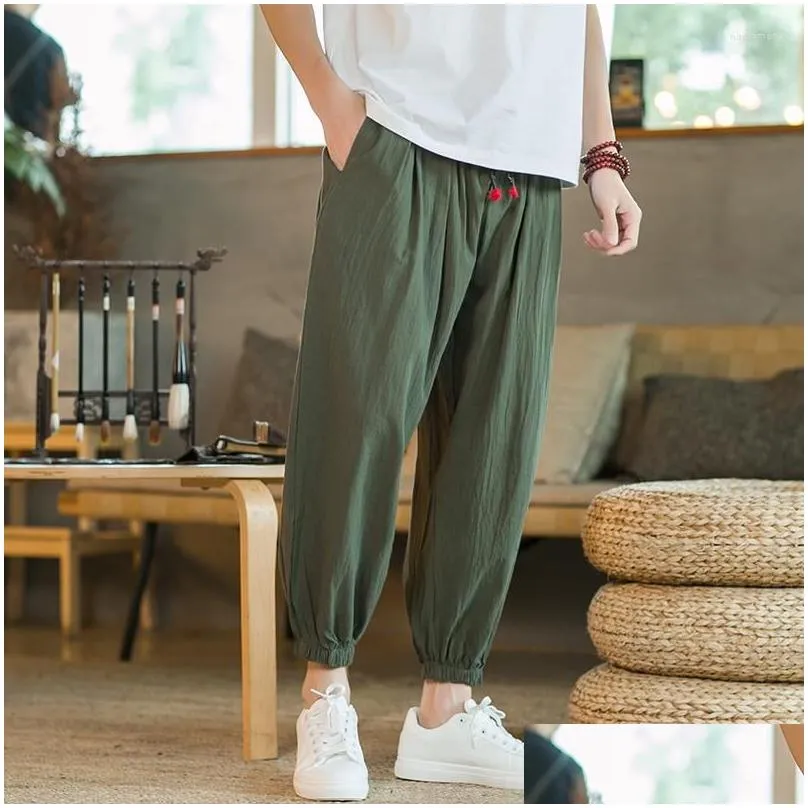 Men`S Pants Mens Pants 2023 Summer Chinese Style Japanese Plus Size Cotton And Linen Loose Solid Color Casual Ankle-Length Trousers D Dh5Iy