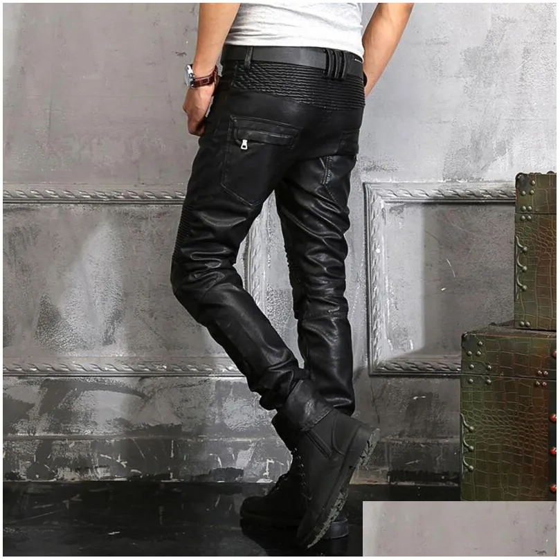 Men`S Pants Mens Ripped Moto Pants Ribbed Skinny Black Pu Leather Biker Slim Trousers Pencil Size 28-40 France Drop Delivery Apparel Dhg6L