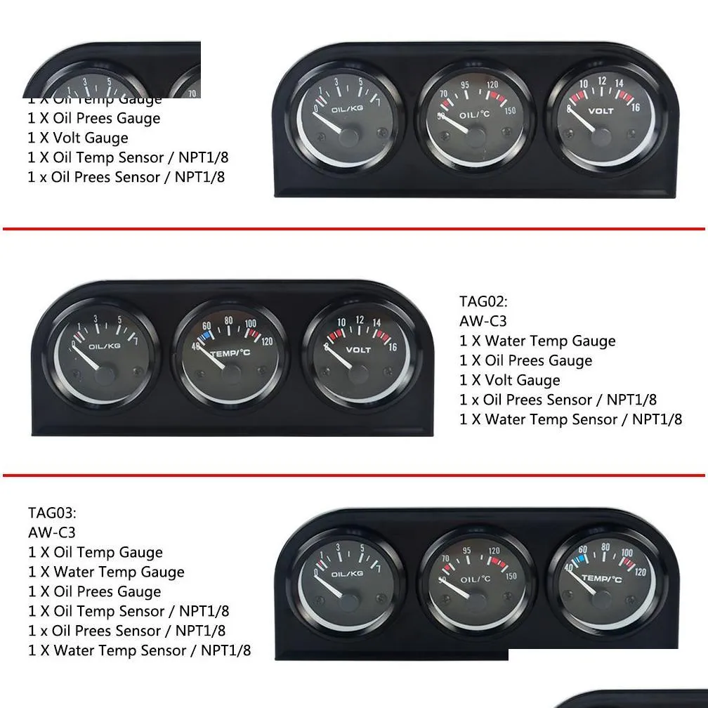 Oil Pressure Gauge 52Mm Triple Kit Oil Pressure Gauge Water Temp Or Volt Meter With Sensor 3In1 Car Pqy-Tag01/02/03 Drop Delivery Auto Otglq