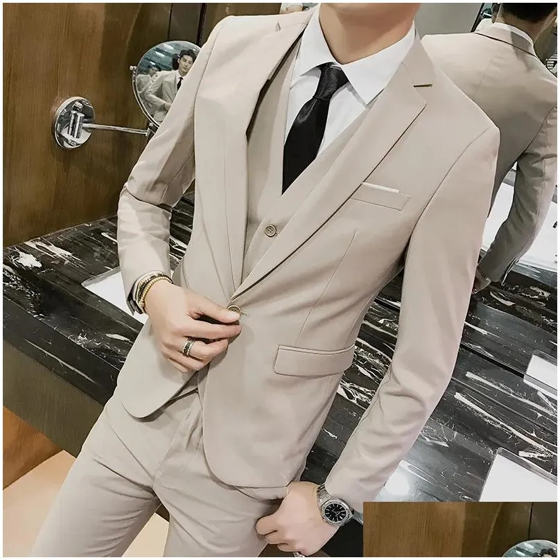 Men`S Suits & Blazers Jacket Pant Vest Men 3 Pieces Slim Fit Casual Tuxedo Suit / Male Suits Set Wedding Groom Dress Business Blazers Dhh47