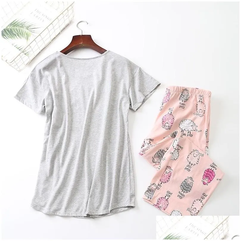 Women`S Sleepwear New Summer Women Pajamas Cotton Print Pink Sheep Pajama Set Top Add Capris Elastic Waist Plus Size 3Xl Lounge Pijam Dhexa