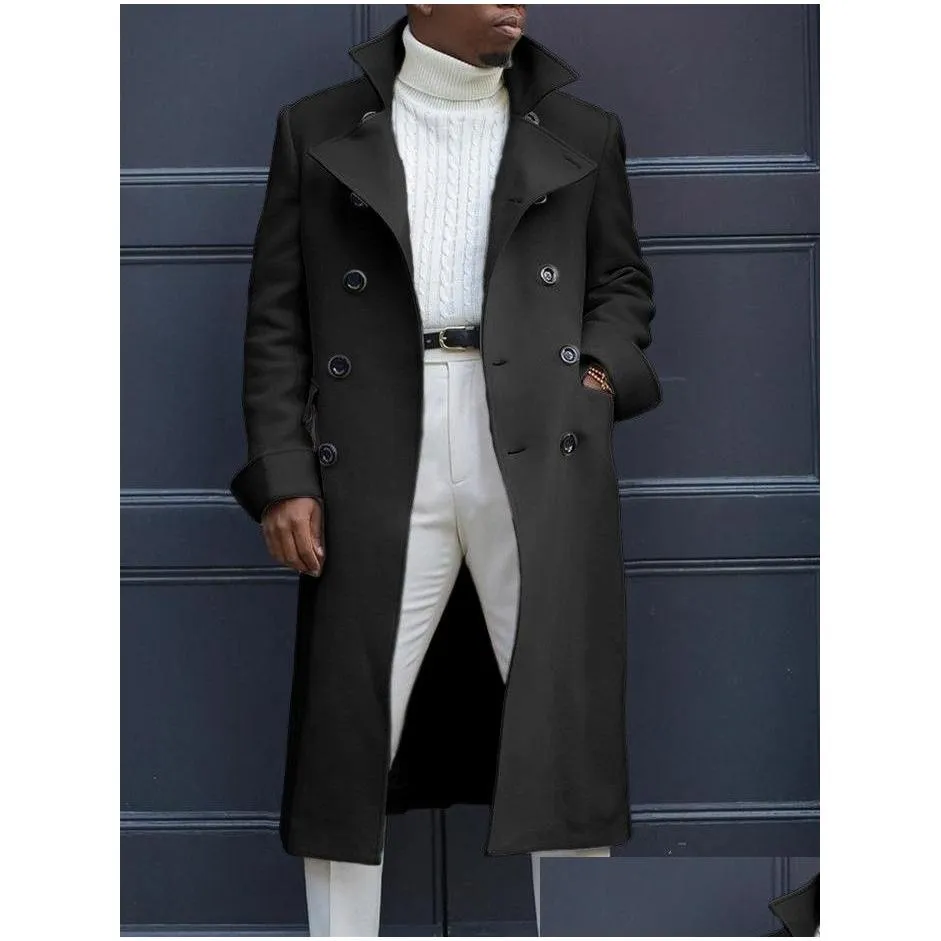 Men`S Trench Coats Mens Notch Lapel Coats Double Breasted Long Trench Coat Casual Cotton Blend Peacoat Fashion Autumn Winter Drop Deli Dhplg