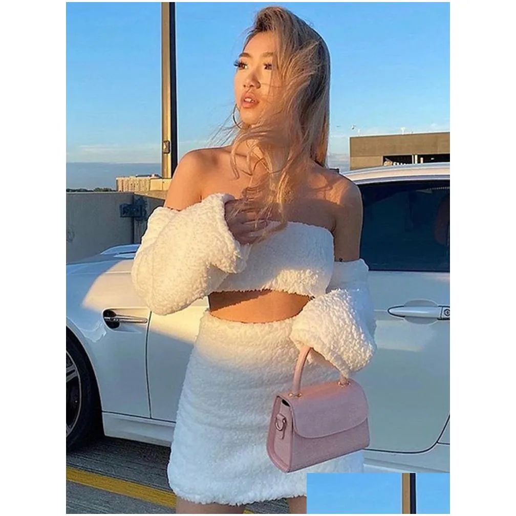 Two Piece Dress P Two Piece Dress Women Long Sleeve Strapless Back Bandage Crop Top And Womens Skirt White Y Casual Streetwear Drop D Dhxwx