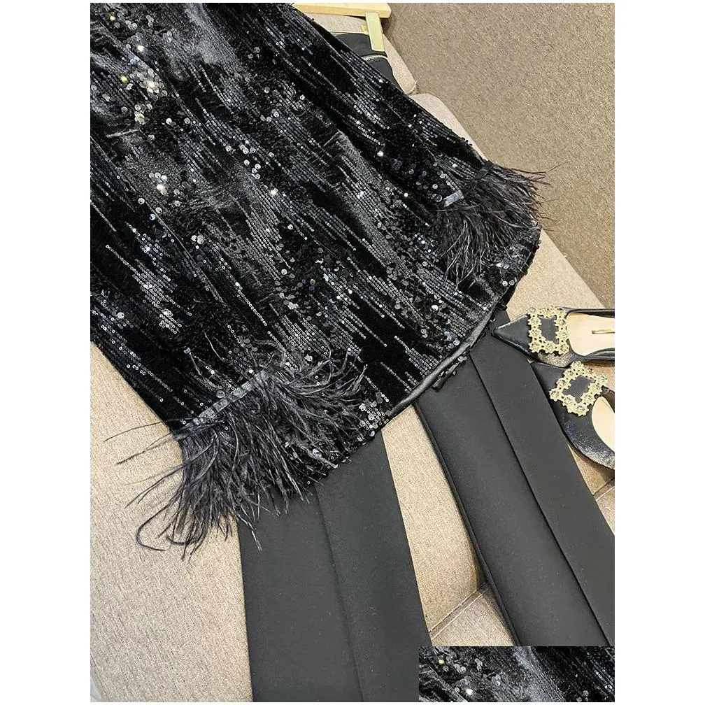 Women`S Suits & Blazers 2023 Autumn Black Feather Panelled Sequins Blazers Long Sleeve Notched-Lapel Double-Breasted Outwear Coats O3 Dhlpv