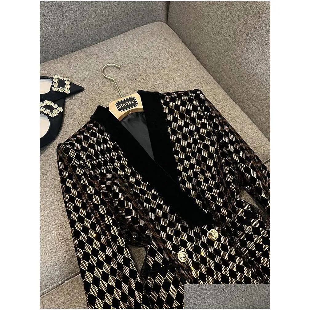 Women`S Suits & Blazers 2023 Autumn Black Contrast Color Rhomboid Drilling Panelled Blazers Long Sleeve Lapel Neck Double-Breasted Ou Dhuyd