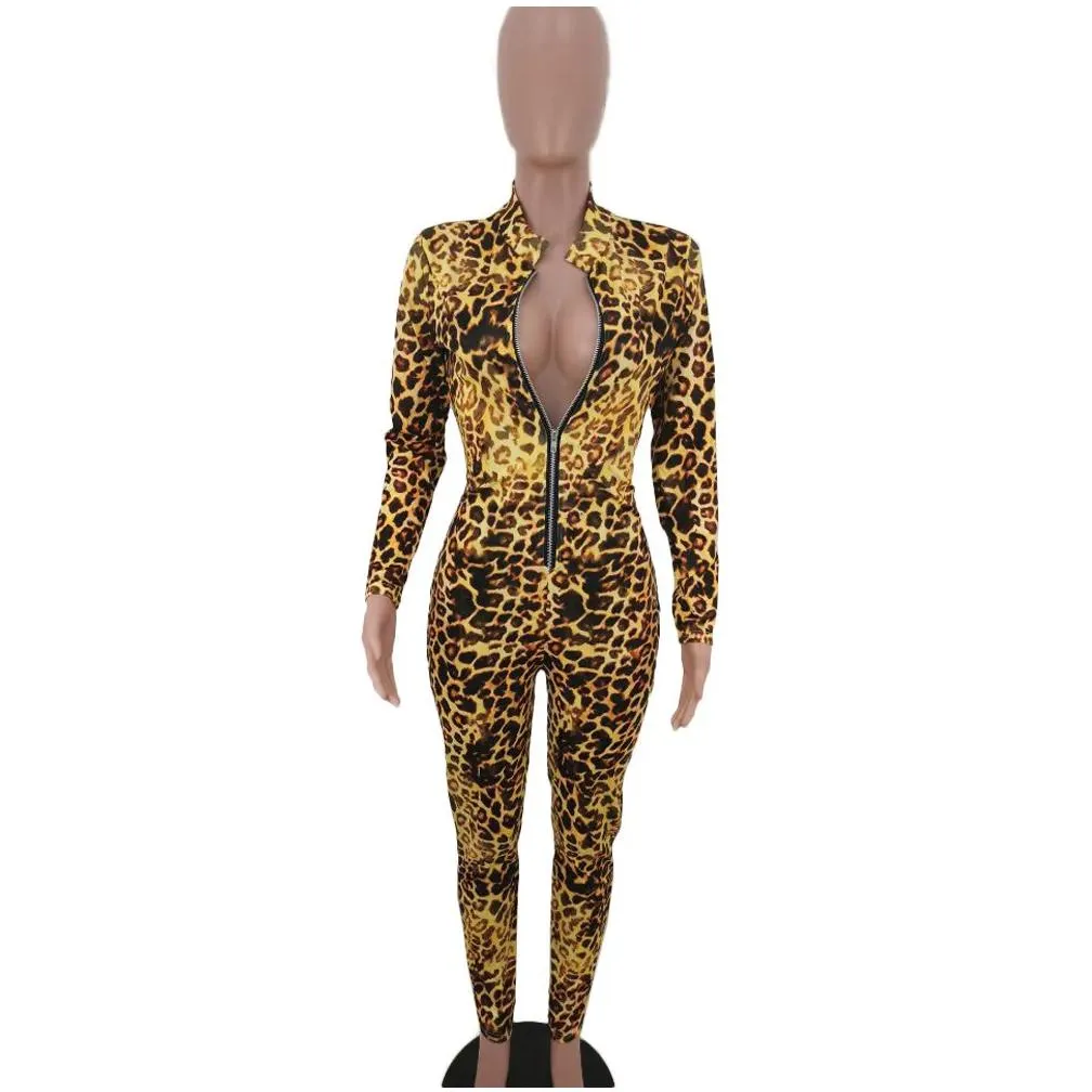 Women`S Jumpsuits & Rompers Haoyuan Leopard Bodycon Jumpsuits Fashion Clother One Piece Outfit Y Costumes Long Sleeve Body Overall Ro Dhclm