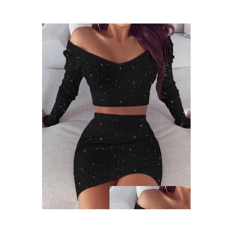 Two Piece Dress Spring Fashion Women Y Casual Set Suit Sets Bodycon Glitter Off Shoder Crop Top Skirt 221122 Drop Delivery Dhxwe