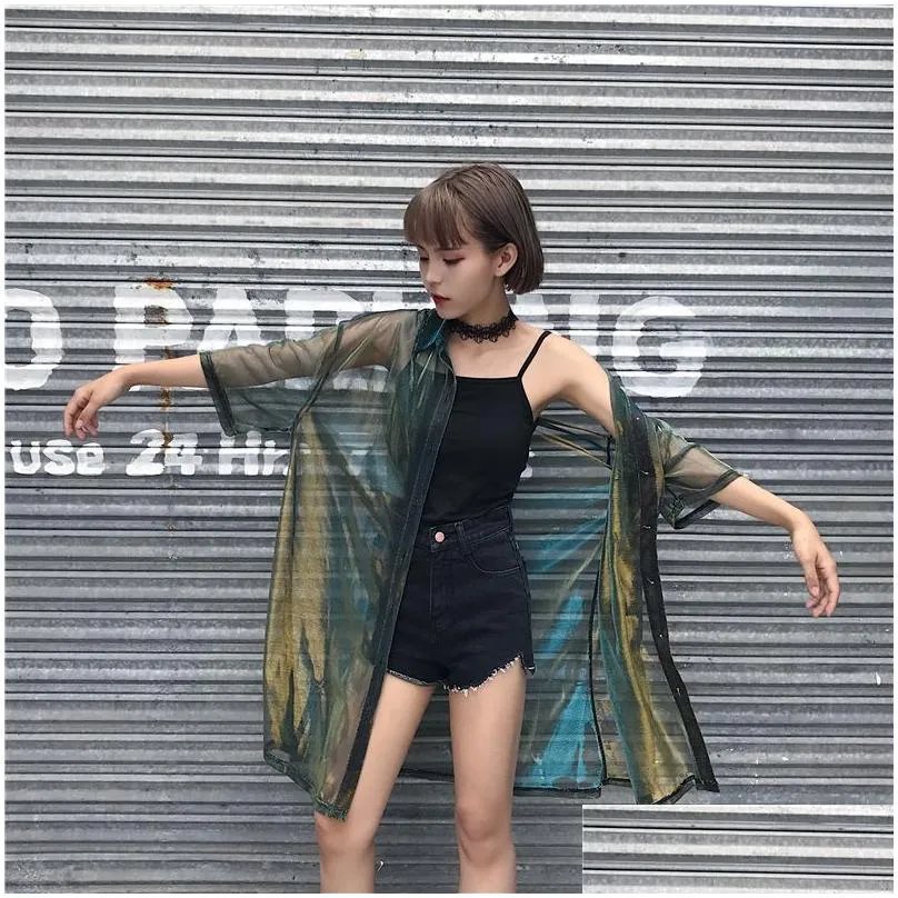 Women`S Cape Womens Cape 2023 New Spring Summer Lapel Three-Quarter Sleeve Green Shing Perspective Loose Big Size Shirt Women Blouse F Dhwov