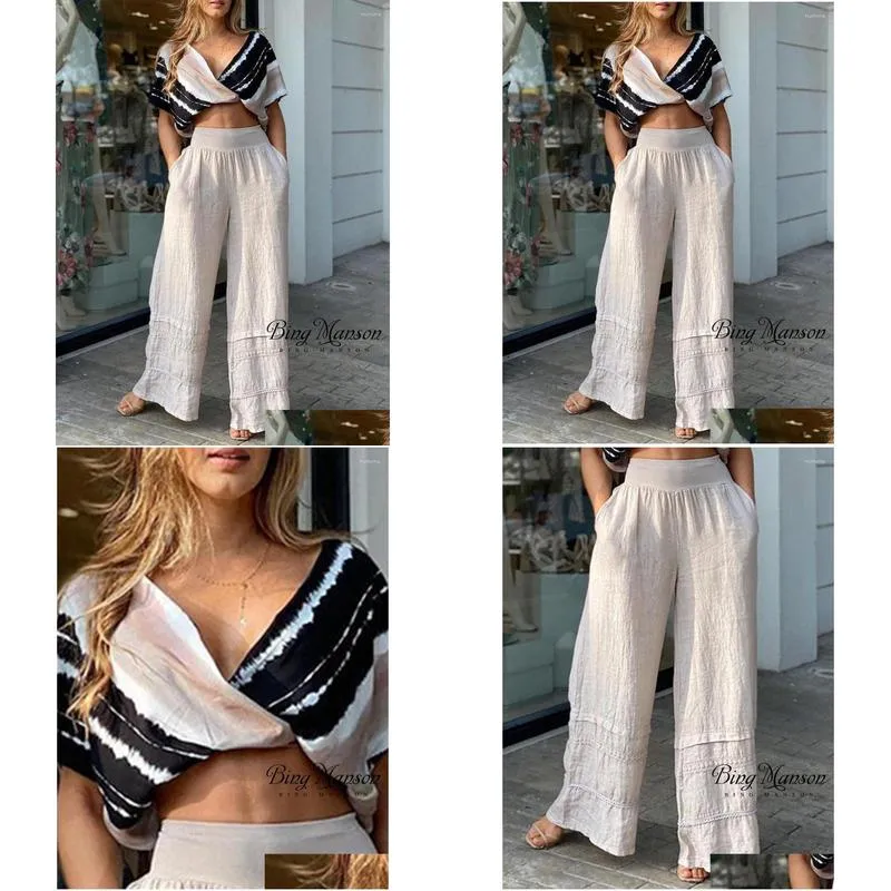 Women`S Pants & Capris Womens Pants Summer Two Piece Y Casual V-Neck Short Top Straight Waist Loose Set For Women Joggers Clothes Y2K Dhxik